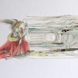 Les cordes de l’ange, 2025, collage composite, mine graphite, crayons de couleurs, dessin d’après «L’Annonciation» de Léonard de Vinci et d’après la nef de le Basilique St Marie-Madeleine à Vezelay, carte postale découpée, 14 cm x 21 cm